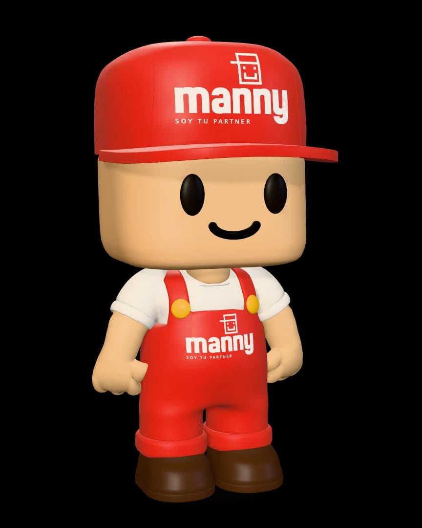 Manny, el personaje de la marca: gorra y overol rojos con el logo