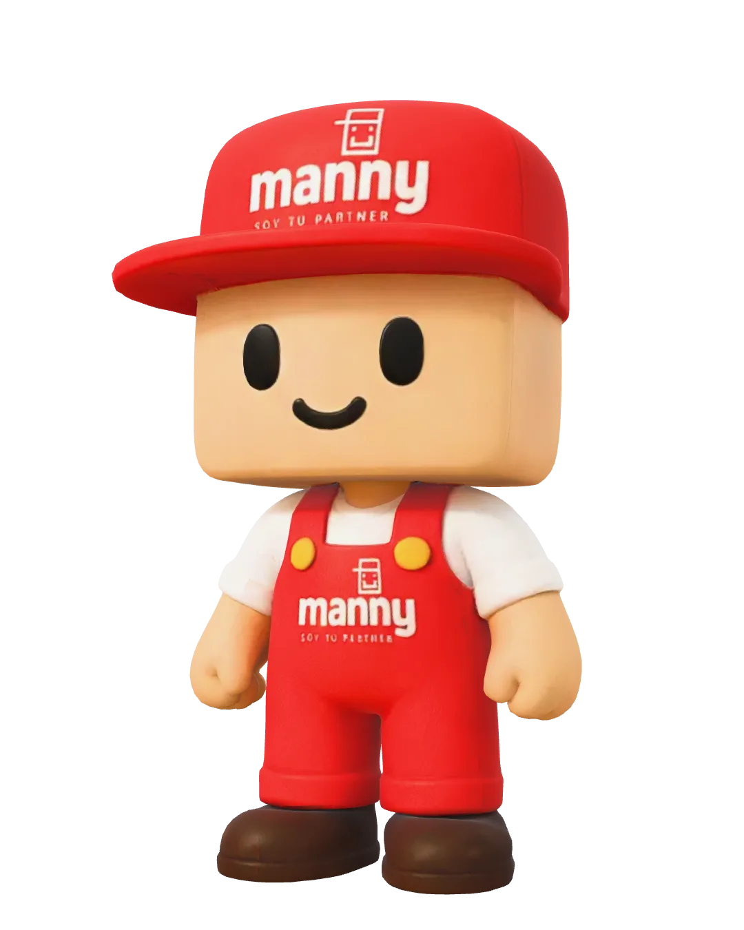 Manny, el personaje de la marca: gorra y overol rojos con el logo