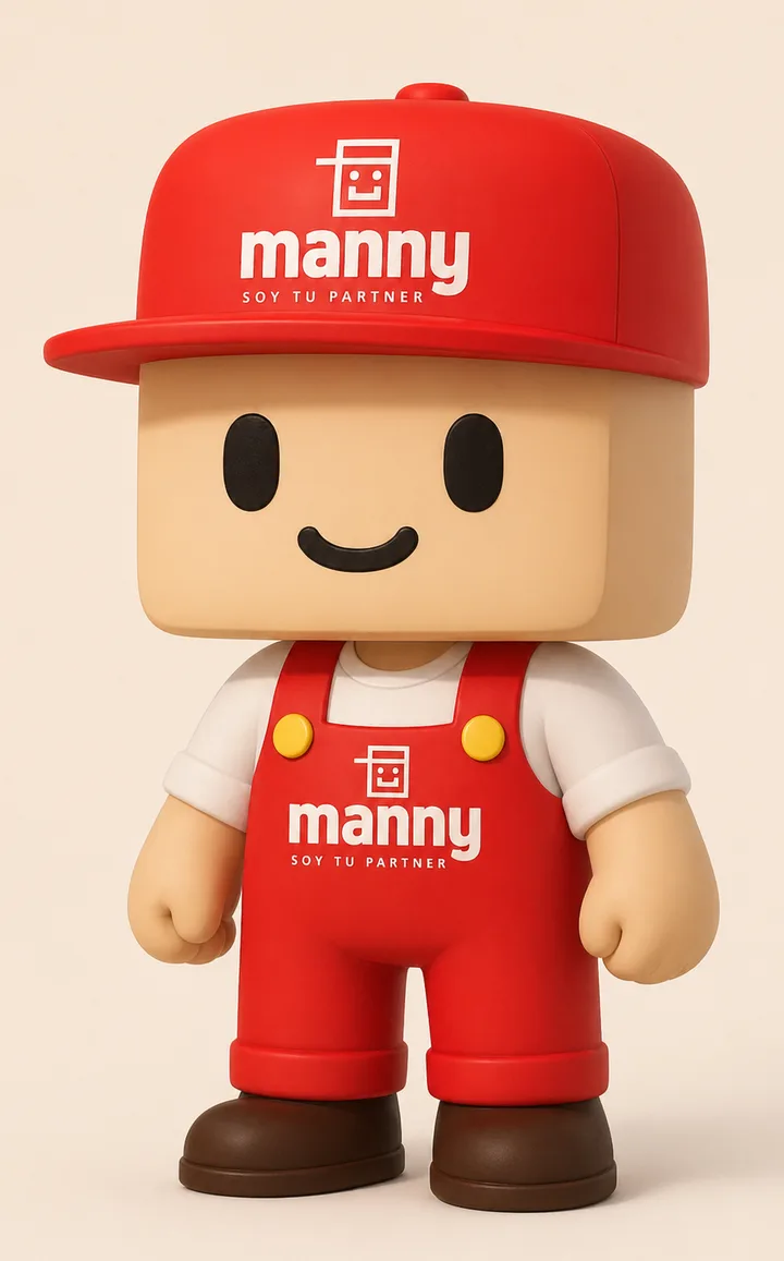 Manny, el personaje de la marca: gorra y overol rojos con el logo